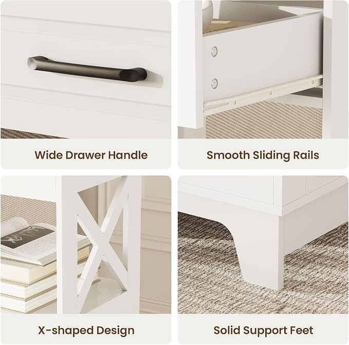 Tall Nightstand Set of 2 Side Table with 2 Drawers Modern Night Stand Wooden Rustic End Table Bedside Table with Below Open Shelf Solid Feet for Bedroom White+Walnut
