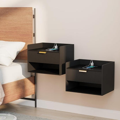 Arbuxzuy Floating Nightstand Set of 2, Wall Mounted Nightstand with Charging Station, Floating Bedside Table with Drawer, Minimalist Wooden Floating Night Stand for Bedroom (Black)
