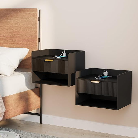 Arbuxzuy Floating Nightstand Set of 2, Wall Mounted Nightstand with Charging Station, Floating Bedside Table with Drawer, Minimalist Wooden Floating Night Stand for Bedroom (Black)
