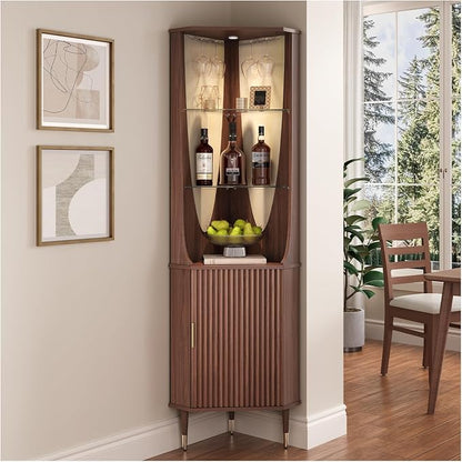 JOINICE Tall Corner Bar Cabinet for Liquor,Mid-Century Modern,Walnut,70" | Fluted Cabinet Door,Glass Shelves,Wine Cabinet for Living Room, Kitchen,Dining Room,Easy Assembly,Fit for Small Apartment