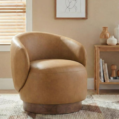 KISLOT Swivel Accent Chair Modern Round Barrel Armchair with Upholstered Faux Leather for Living Room Bedroom Waitingroom,1 Box,Brown
