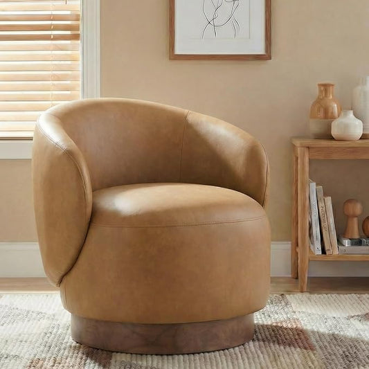 KISLOT Swivel Accent Chair Modern Round Barrel Armchair with Upholstered Faux Leather for Living Room Bedroom Waitingroom,1 Box,Brown