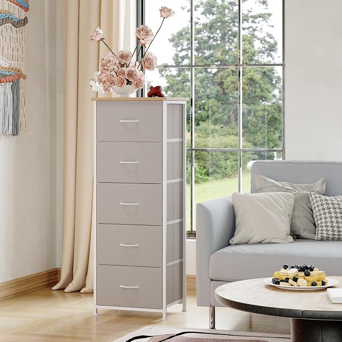 Somdot Tall Dresser for Bedroom with 5 Drawers, Storage Organizer Chest of Drawers with Removable Fabric Bins for Closet Bedside Living Room Laundry Entryway Hallway, Ash Grey