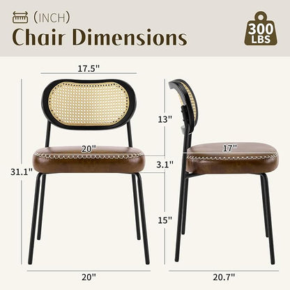 Rattan Dining Chairs Set of 2, Upholstered Dining Chairs with Handwoven Cane Back, Mid Century Modern Kitchen & Dining Room Chairs with Thick Cushion and Metal Frame, 300 lbs Capacity, Brown