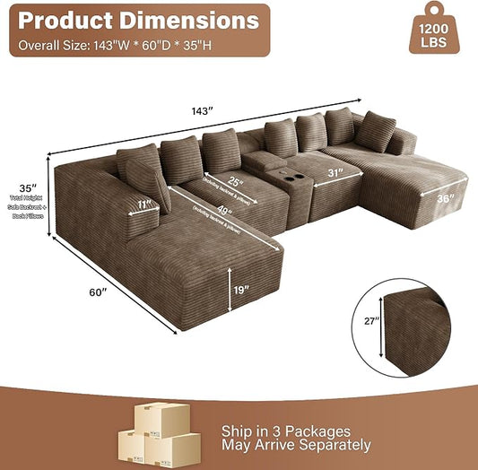 143" Oversized U Shaped Cloud Sectional Couches for Living Room, Comfy Fluffy Corduroy Light Brown Boneless Couch, Large Modular Sectional Sofa Set with Chaise, Cup Holder, USB Port, Storage Console