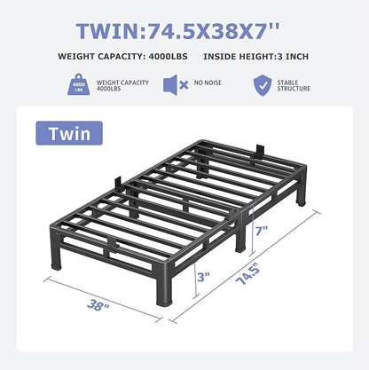 NKZ 7 Inch Twin Size Bed Frame, Metal Bed Frame & Box Spring 2 in 1 Platform with Round Corner Legs, 4000Lbs Heavy Duty Low-Profile Frame, Mattress Slide Stopper, Noise-Free, Easy Assembly