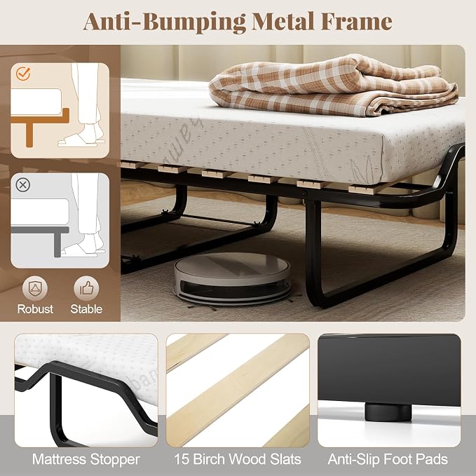 KOMFOTT Murphy Bed Cabinet, Rolling Folding Bed into Cabinet with Mattress & Lockable Wheels, Folding Bed Frame for Small Space, Roll Away Pull Out Murphy Bed for Guest Room Office