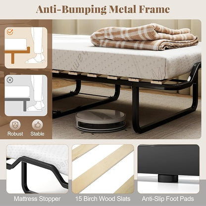 KOMFOTT Murphy Bed Cabinet, Rolling Folding Bed into Cabinet with Mattress & Lockable Wheels, Folding Bed Frame for Small Space, Roll Away Pull Out Murphy Bed for Guest Room Office