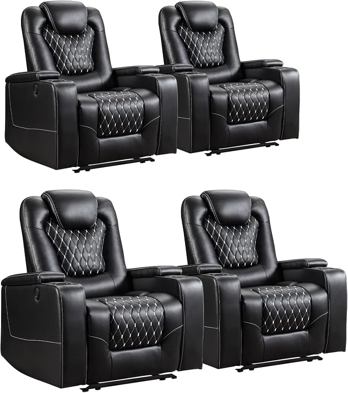 ANJ Power Recliner Chair Set of 4, Electric Soft Faux Leather Reclining Home Theater Seating - USB Ports, Cup Holders, Hidden Arm Storage Movie & Media Room Chairs (Black)