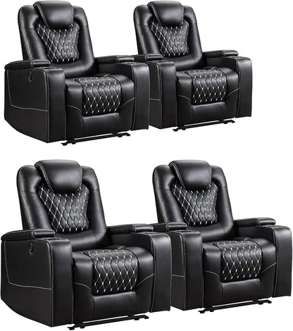 ANJ Power Recliner Chair Set of 4, Electric Soft Faux Leather Reclining Home Theater Seating - USB Ports, Cup Holders, Hidden Arm Storage Movie & Media Room Chairs (Black)