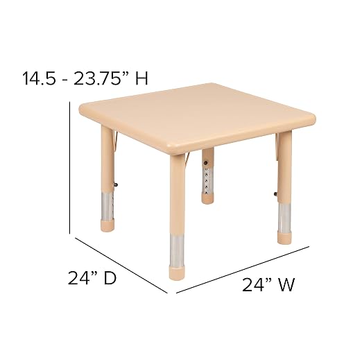 EMMA + OLIVER 24" Square Natural Plastic Height Adjustable Activity Table - School Table for 4