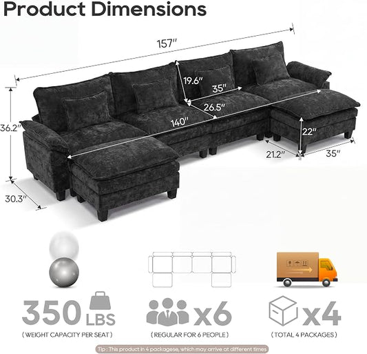 URRED Oversized Modular Sectional Sofa, 157" U Shaped Modern Comfy Cloud Couch with Movable Ottoman & Pillows, Deep Seat Couches for Living Room, Bedroom or Apartment (Chenille Black, 157" U Shaped)