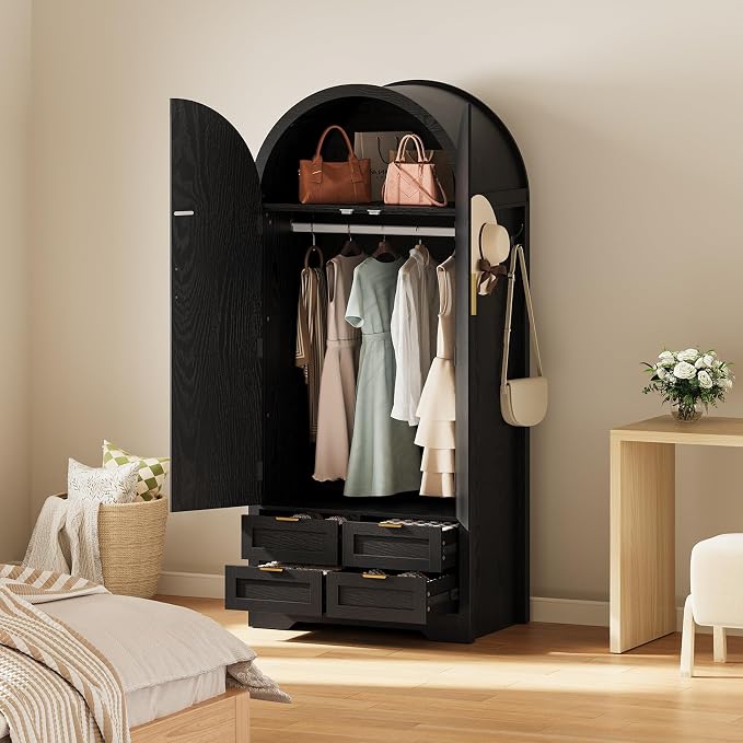Armoire Wardrobe Closet with 4 Drawers - Wood Bedroom Armoires and Wardrobes with Rattan Doors for Hanging Clothes, Clothing Cabinet Arched Closets for Cloak Room, Large Capacity Storage Black