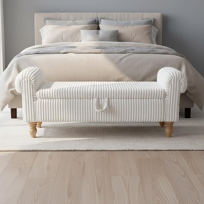 55" Bench for End of Bed Storage Benches, Queen End of Bed Bench Corduroy Upholstered Storage Ottoman Window Bench with Storage, for Bedroom, Entryway, Closet, White