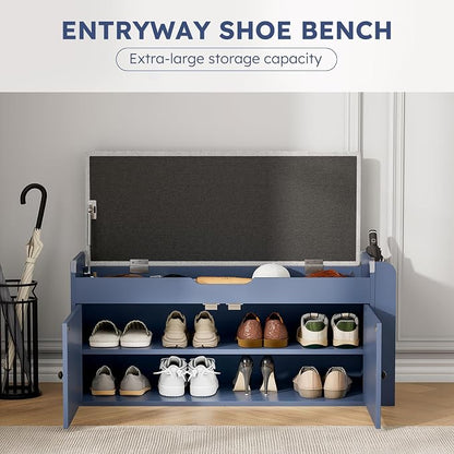 39.4" Storage Bench - Entryway Shoe Bench with Side Storage Shelves and 2 Doors, Multifunctional Entryway Bench with Lift Top Cushion, Shoe Storage Bench for Bedroom, Living Room, Navy Blue