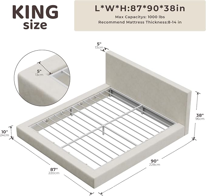 RECCI AirFrame King Size Bed Frame with Headboard, Cloud Upholstered Platform Bed Frame, 5 Inch Foam Cushioned, No Box Spring, Easy Assembly(Beige Chenille)