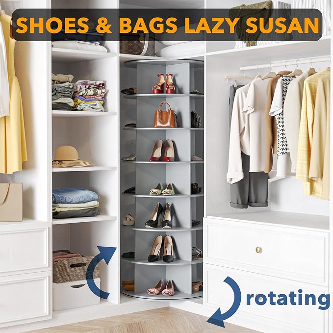 SpaceAid 7 Tier Rotating Shoe Rack Tower, Spinning Shoe Display Lazy Susan, Revolving 360 Shoe Rack Storage Round Carousel, Vertical Handbag Rotate Shoes Closet Organization (7-Tier Gray)
