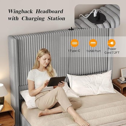 UNIQUITE Queen Size Lift Up Storage Bed Frame with 51 Inch Tall Wingback Headboard, Corduroy Upholstered Platform Bed with Hydraulic Storage, 2 USB Ports, No Box Spring Needed, Noise-Free, Light Grey