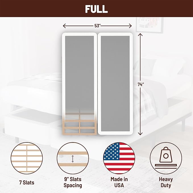 Treaton, Box Spring Bed Base Full Size, 8-Inch Wood Mattress Foundation – Amish Made in USA – Quiet Noise Free, 2-Pieces Under Mattress-Support BoxSpring, Fully Assembled, White