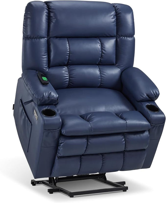 MCombo Extra Wide Dual Motor Power Lift Recliner Chair for Elderly, Zero Gravity Lift Chair with Heat and Massage, Infinite Position Recliners, USB Ports, Faux Leather R7897 (Medium-Wide, Blue)