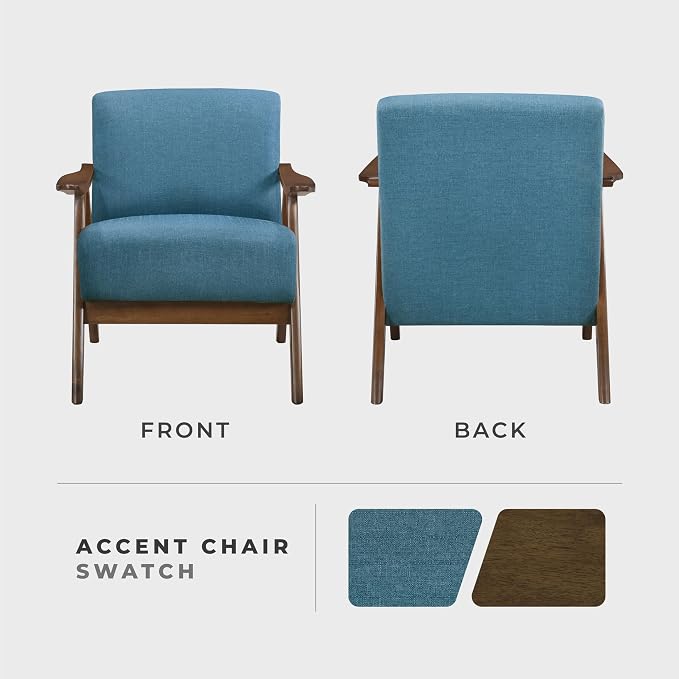 Lexicon Mid Century Modern Accent Chair with Solid Wood Frame in Walnut Finish, Upholstered Living Room Lounge Arm Chair, Thick and Comfy Innerspring Seat Cushion, Linen-Look Fabric, Blue