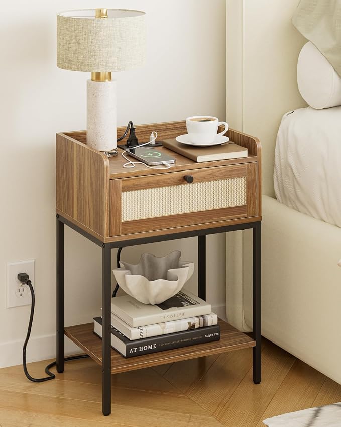 Masupu Nightstand with Charging Station, Modern Bedside Table Night Stand with Storage Drawer and Shelf,Small End Side Table for Bedroom,Living Room,Walnut Brown