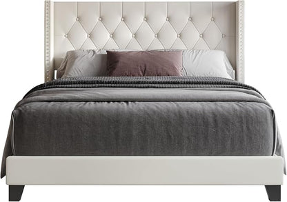 HOME DESIGN Homer Full Tufted Wingback Upholstered Panel Bed with 2 Matching 1 Drawer Nightstands, Bedroom Furniture Set with Open Shelf Storage, Light Beige Black