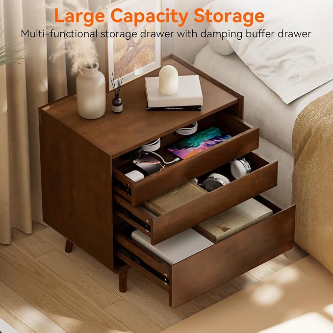 Nightstands Set of 2 with Leg Walnut Night Stand Set 2 Mid Century Modern Nightstands with Charger Station Wooden Bedside Table Set of 2 Night Stands for Bedrooms Set of 2