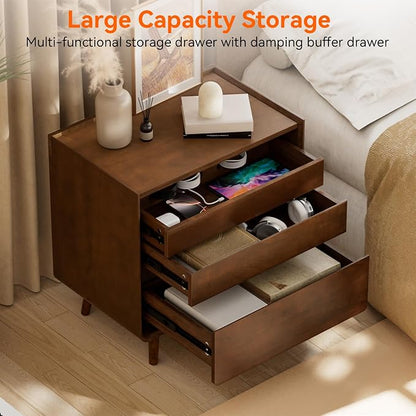 25.43" Walnut Finish Nightstand with Charging Station Mid Century Modern Night Stand with Leg Wood Bedside Table with Drawers Nightstand for Bedroom Dorm