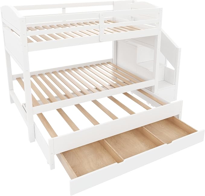 RUNNA Twin XL Bunk Bed with Trundle,Storage Stairs,Kids Bedroom,White | Twin XL bunk bed with trundle, storage stairs, solid wood frame, guardrails, no box spring needed, white, space saving