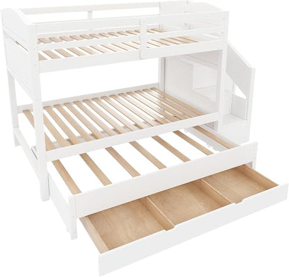 RUNNA Twin XL Bunk Bed with Trundle,Storage Stairs,Kids Bedroom,White | Twin XL bunk bed with trundle, storage stairs, solid wood frame, guardrails, no box spring needed, white, space saving