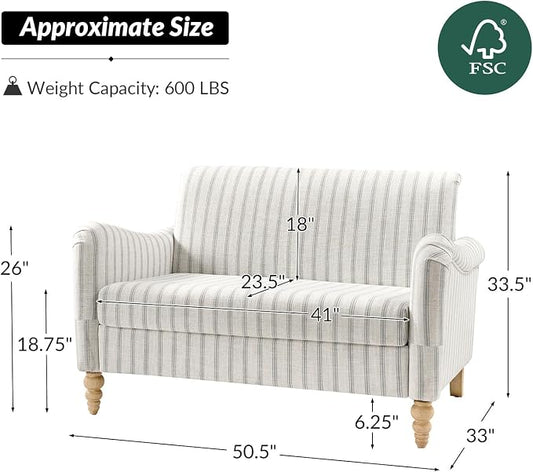 HULALA HOME 50.5" Loveseat Sofa with Stripe Pattern, 2 Seater Farmhouse Sofa with Rolled Wide Armrests and Rubber Wood Legs, Comfy Upholstered Small Couch for Living Room Bedroom, Grey