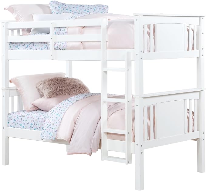 DHP Dylan Convertible Wood Bunk Bed, Stackable and Detachable Bed Frames for Kids and Teens, with Ladder, High Guardrail, Wood Slats, No Boxspring Required, Twin-Over-Twin, White