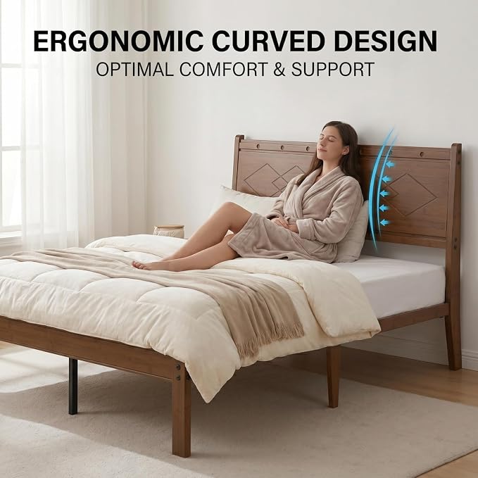 Askeld 14 inch Bamboo Queen Bed Frame with Headboard, Light Cottagecore Solid Wood Platform Bed No Box Spring Needed, Easy Assembly, Noise Free, Light Walnut Color
