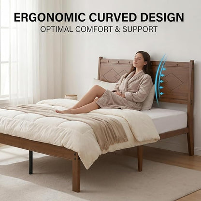 Askeld 14 inch Bamboo Queen Bed Frame with Headboard, Light Cottagecore Solid Wood Platform Bed No Box Spring Needed, Easy Assembly, Noise Free, Light Walnut Color
