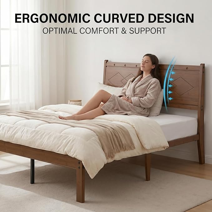 Askeld 14 inch Bamboo Full Bed Frame with Headboard, Light Cottagecore Solid Wood Platform Bed No Box Spring Needed, Easy Assembly, Noise Free, Light Walnut Color
