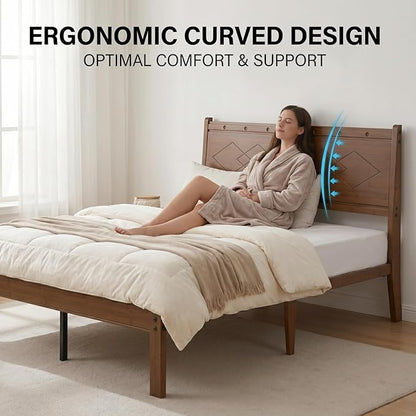 Askeld 14 inch Bamboo Full Bed Frame with Headboard, Light Cottagecore Solid Wood Platform Bed No Box Spring Needed, Easy Assembly, Noise Free, Light Walnut Color