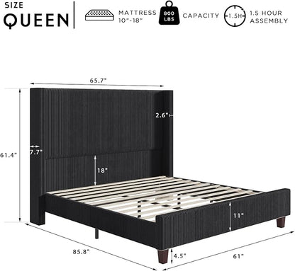 HOWE Queen Bed Frame with 61.4" Extra Tall Headboard, Corduroy Upholstered Bed with Vertical Wingback Headboard, No Box Spring Needed/Noise Free/Solid Wood Slats & Legs/Black