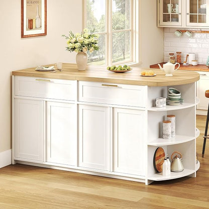 HSH 63” Large Kitchen Island with Storage & Seating, Modern Counter Height Island Table with 2 Drawers & Cabinets, 3 Oval Open Shelves, Stationary Island Prep Table for Kitchen Dining Room, Light Oak