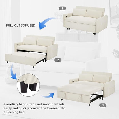 ERYE 57.5-Inch Loveseat Sofa with Pull Out Sleeper Couch Bed, Comfy Corduroy Upholstered Love Seat Sofa Convertible Sleeper Sofabed,Lounge Recliner Chaise Daybed | USB Charging Ports