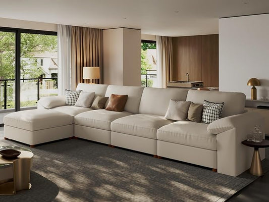 EASE MOOSE Oversized Modular Sectional Sofa,Leather Sectional Couch with Deep Seat,Extra Large L Shaped Couch,Modern Comfy Scratch Resistant Faux Leather Material Sofa,Beige