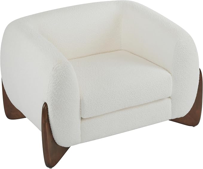 Christopher Knight Home Modern Boucle Fabric Upholstered Club Chair for Living Room, Home Office, Apartment, Relaxing Chair with Removable Cushion and Birch Wood Legs, White and Walnut