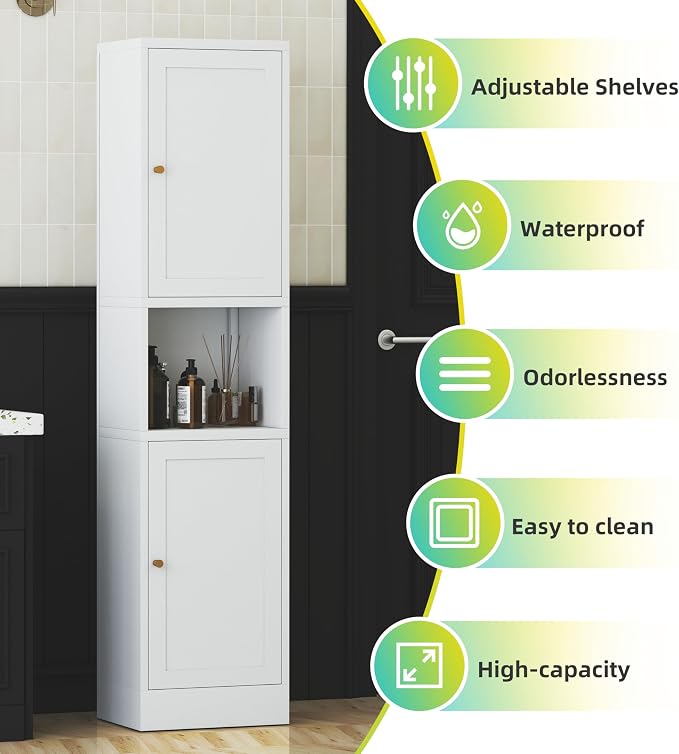 69" Tall Metal Pantry Cabinet with Microwave Stand,Microwave Storage Cabinet with 2 Doors & 3 Adjustable Shelves for Kitchen (2doors-White, 11.81" D x 15.75" W x 66.93" H)