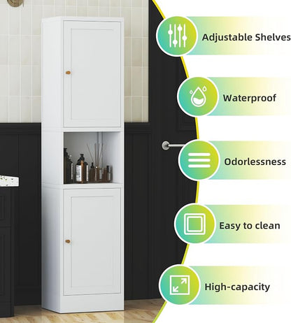 69" Tall Metal Pantry Cabinet with Microwave Stand,Microwave Storage Cabinet with 2 Doors & 3 Adjustable Shelves for Kitchen (2doors-White, 11.81" D x 15.75" W x 66.93" H)