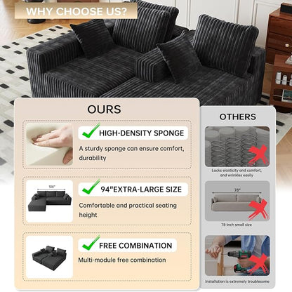Cloud Boneless Sectional Couches with Oversized Chaise for Living Room, Modular L Shaped Couch with Deep Seat, Memory Foam Compressed 3 Seater Sofa for Apartment