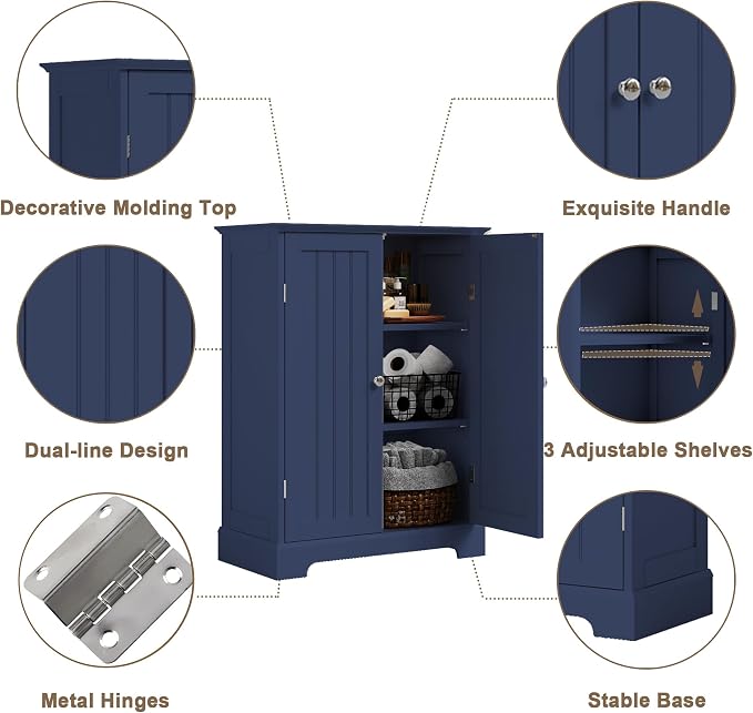 ChooChoo Bathroom Floor Cabinet, Modern Bathroom Storage Cabinet with 2 Doors and Adjustable Shelves, Freestanding Cupboard for Living Room, Blue