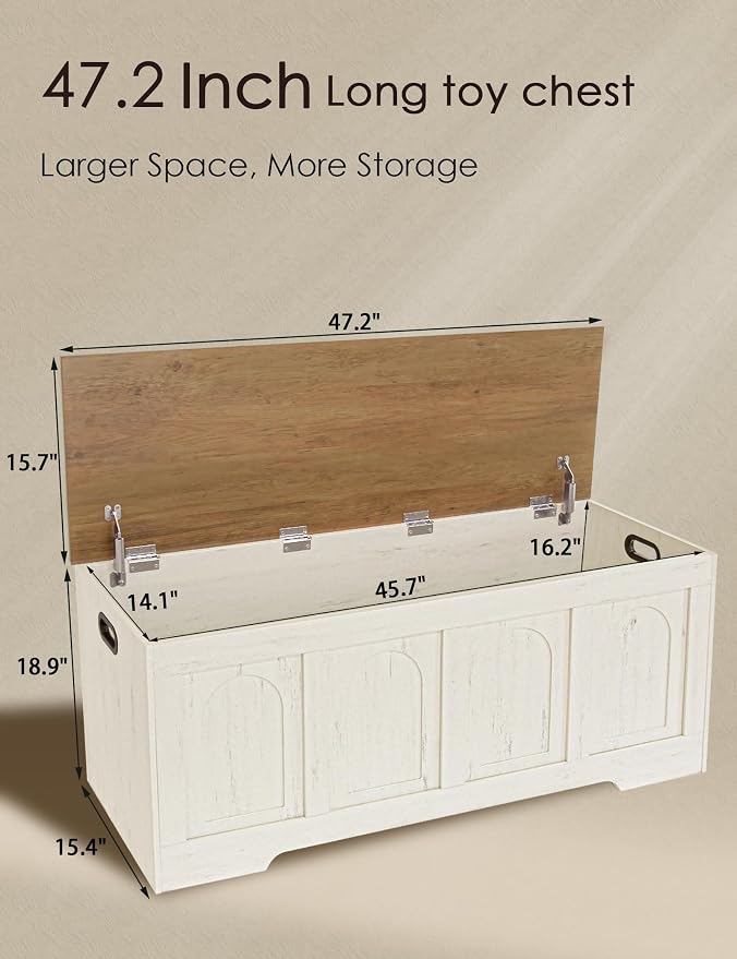 DINZI LVJ Storage Chest, 47.2”Wooden Storage Bench with 2 Safety Hinges, Farmhouse Toy Box with Flip-Top, Large Trunk for Living Room, Bedroom, Easy Assembly, Honey Brown and Rustic White