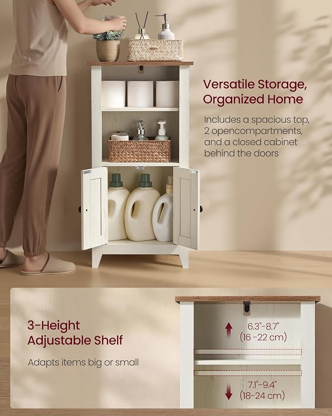 VASAGLE LIRY Collection - Storage Cabinet, Farmhouse Floor Cabinet with Drawers, Freestanding Storage Organizer for Bathroom, Barn Door, Adjustable Shelf, Cloud White and Rustic Brown UBBK313W101S