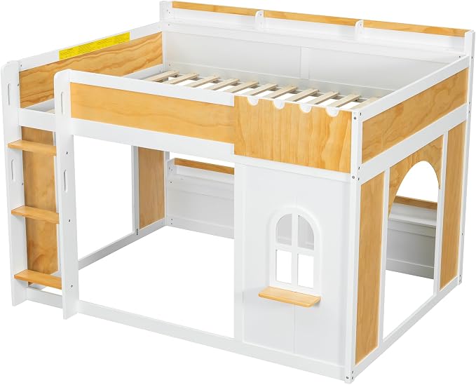 Full Over Full Bunk Bed with Storage Shelves,Window and Two Doors,for Kids Teens Adults Use (White+Natural-Doors, Full Over Full)