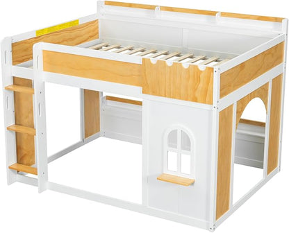 Full Over Full Bunk Bed with Storage Shelves,Window and Two Doors,for Kids Teens Adults Use (White+Natural-Doors, Full Over Full)